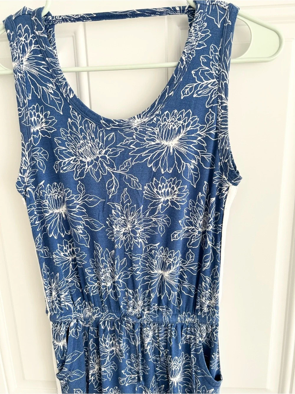 Tucker+Tate Blue White Floral PullOn Romper Scoop Neck Elastic Waist Pockets XL